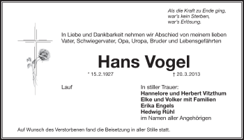 Traueranzeige von Hans Vogel von Pegnitz-Zeitung